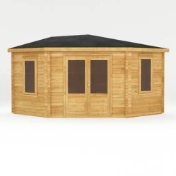 4m X 4m Corner Cabin - 28mm Double Glazed 15 4m X 4m Corner Cabin - 28mm Double Glazed -EcoFlora Sales Shop SI 006 004 0084 4mx4m The Holly Corner Log Cabin 44mm Studio Front